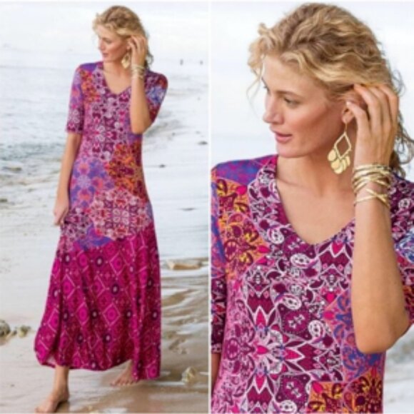 Soft Surroundings Dresses & Skirts - Soft Surroundings Mixed Media Stretch Jersey Maxi Dress Flowy Large Petite